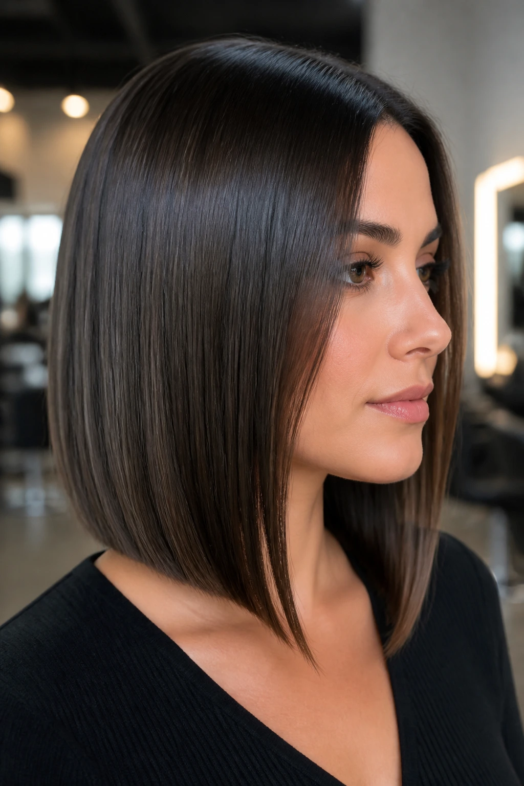 Portrait of a real person with a glossy lob, minimal layers and a sharp edge.