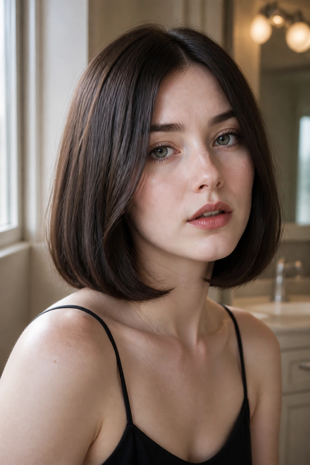 Close-up of brunette woman with glossy one-length lob and bent ends.