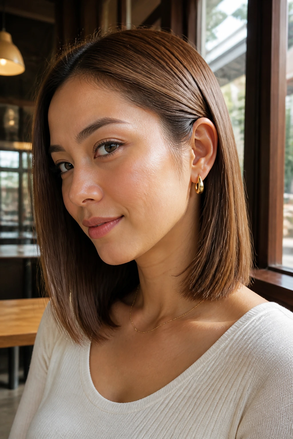 Close-up of glossy straight lob tucked behind ear in cafe window light