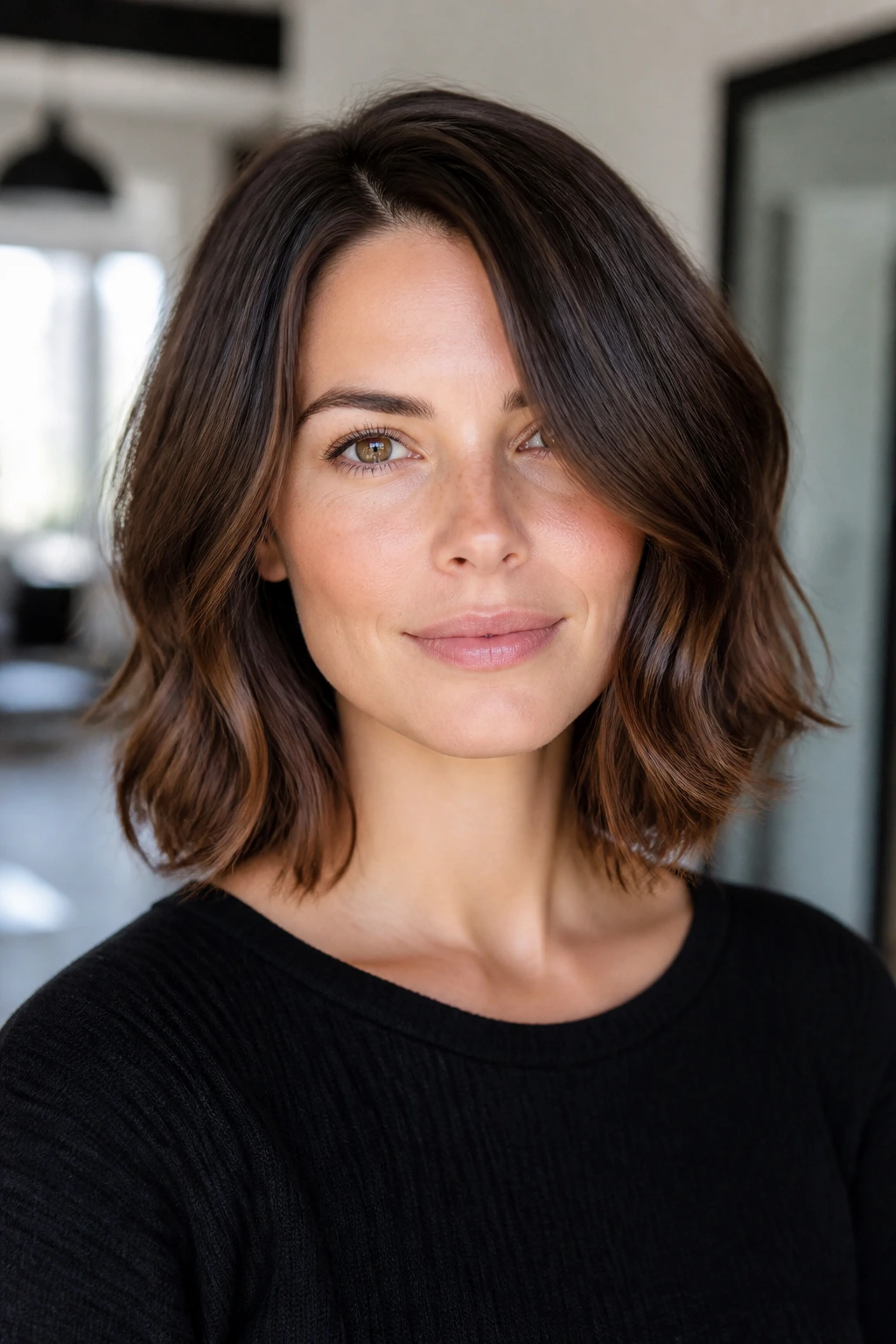 Real person with glossy long bob and light layers in bright interior