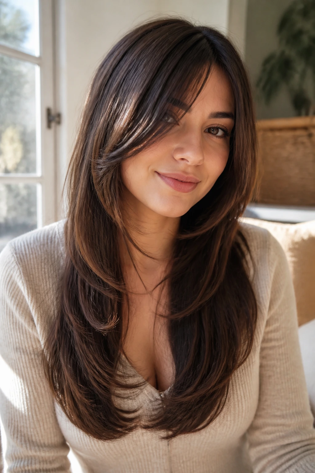 Real person with a glossy long cut and a low face frame.