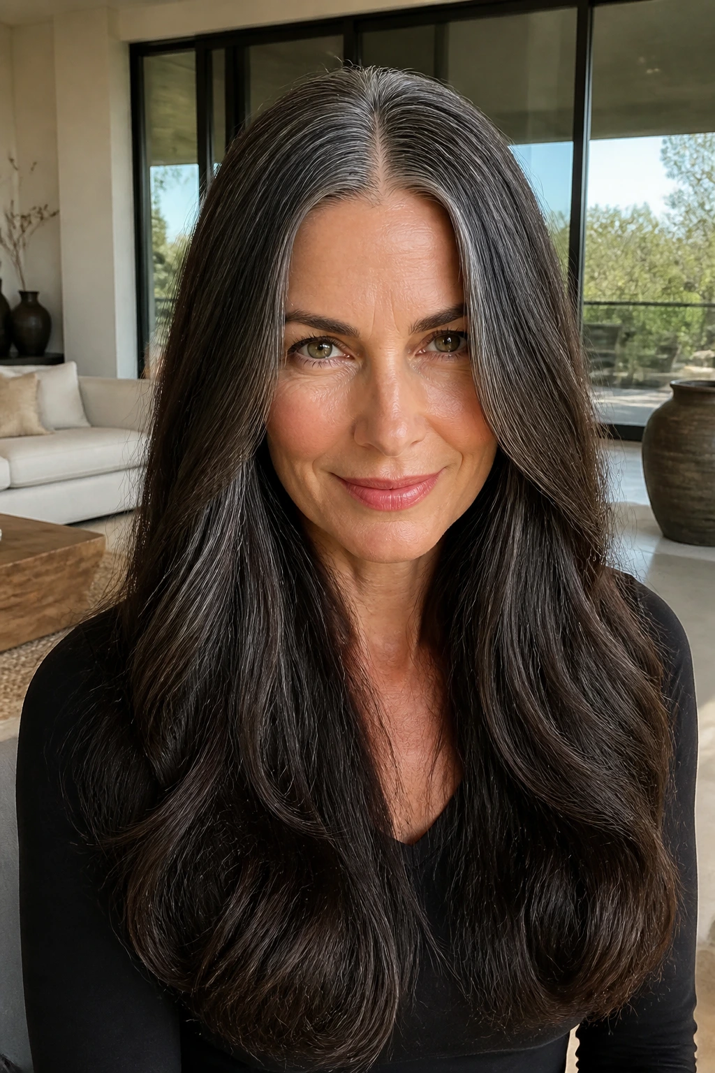 Portrait of a woman with a glossy long cut and center part showing grey strands.
