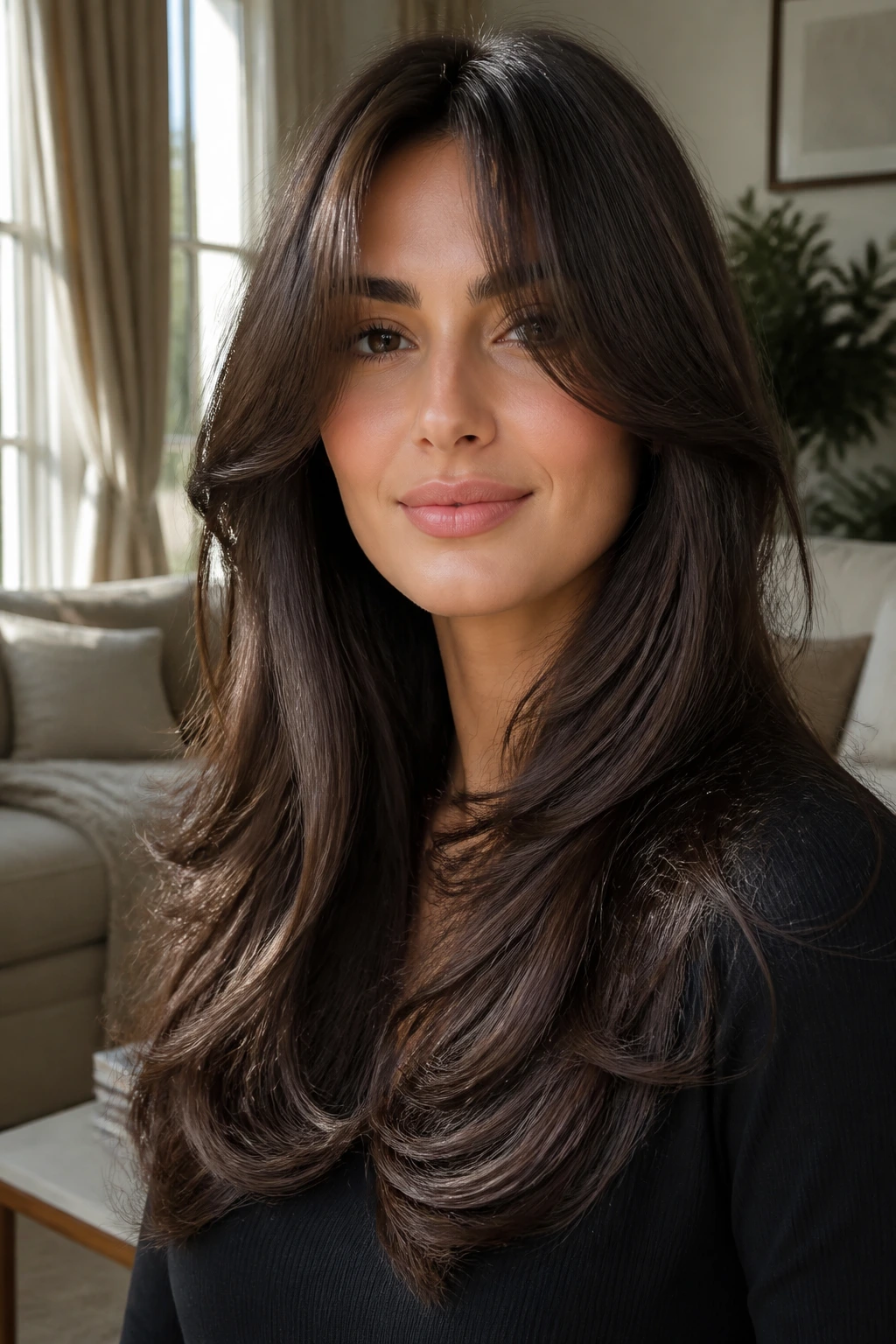 Close-up of a real woman with glossy long layers and curtain fringe