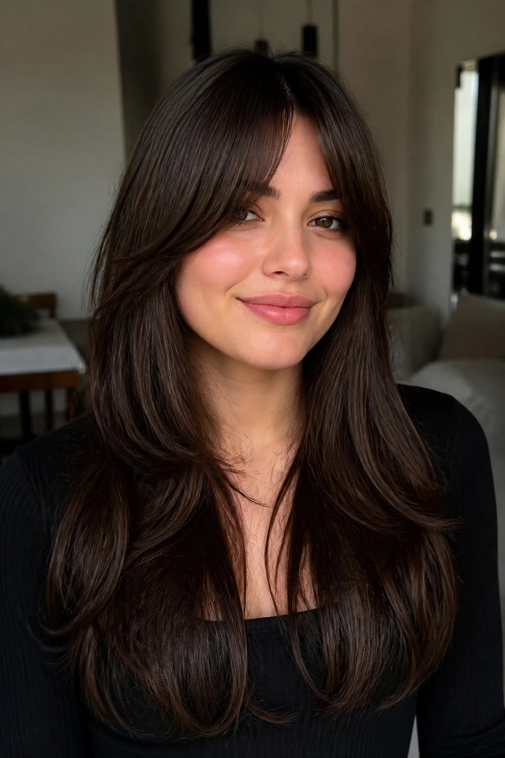 Portrait of a woman with glossy long layers and hidden movement in hair.