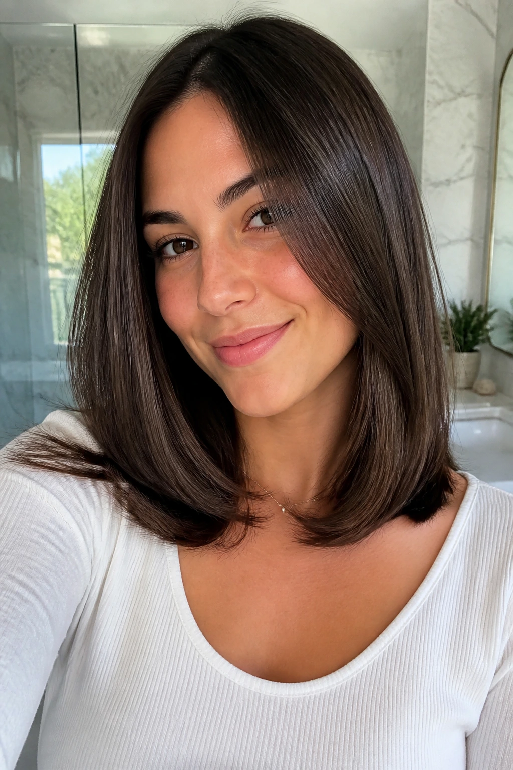 Portrait of brunette woman with glossy mid-length cut