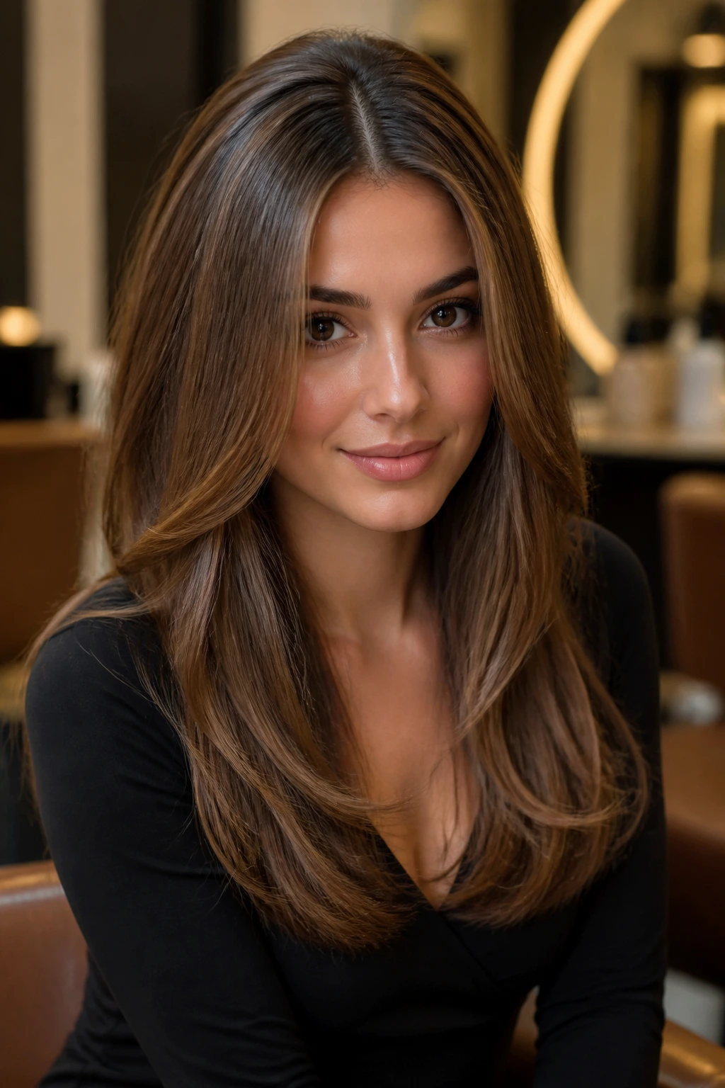 Close-up portrait of a real woman with glossy middle-part blowout and root lift.