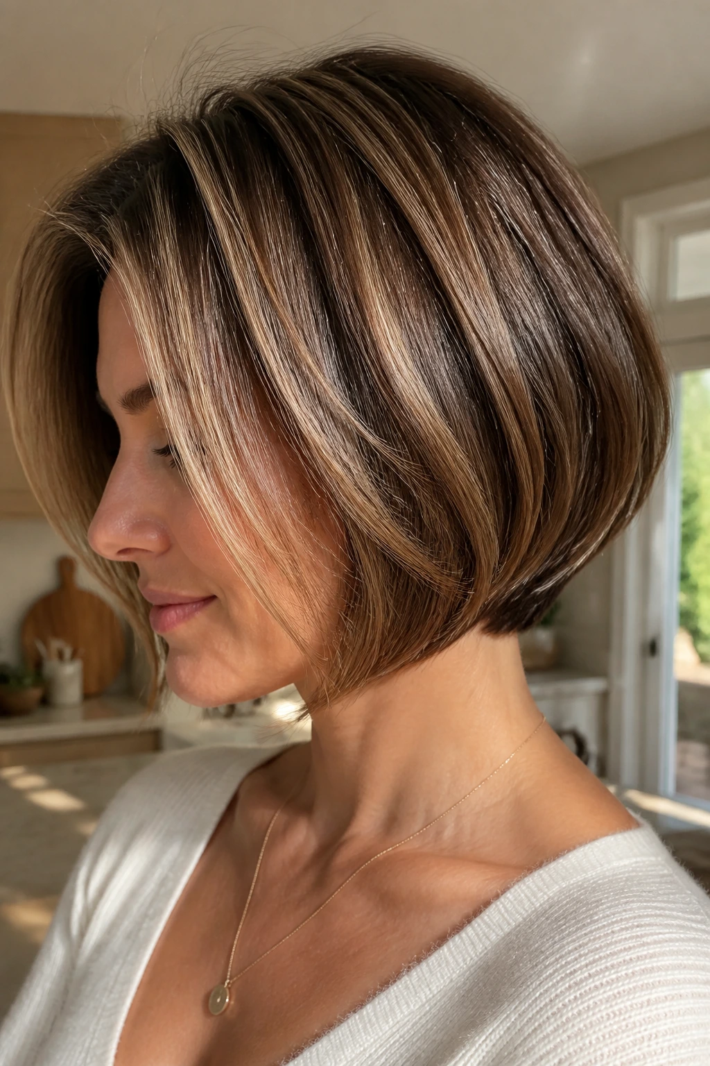 Portrait of a real woman with a glossy midlength bob and tapered nape with champagne babylights