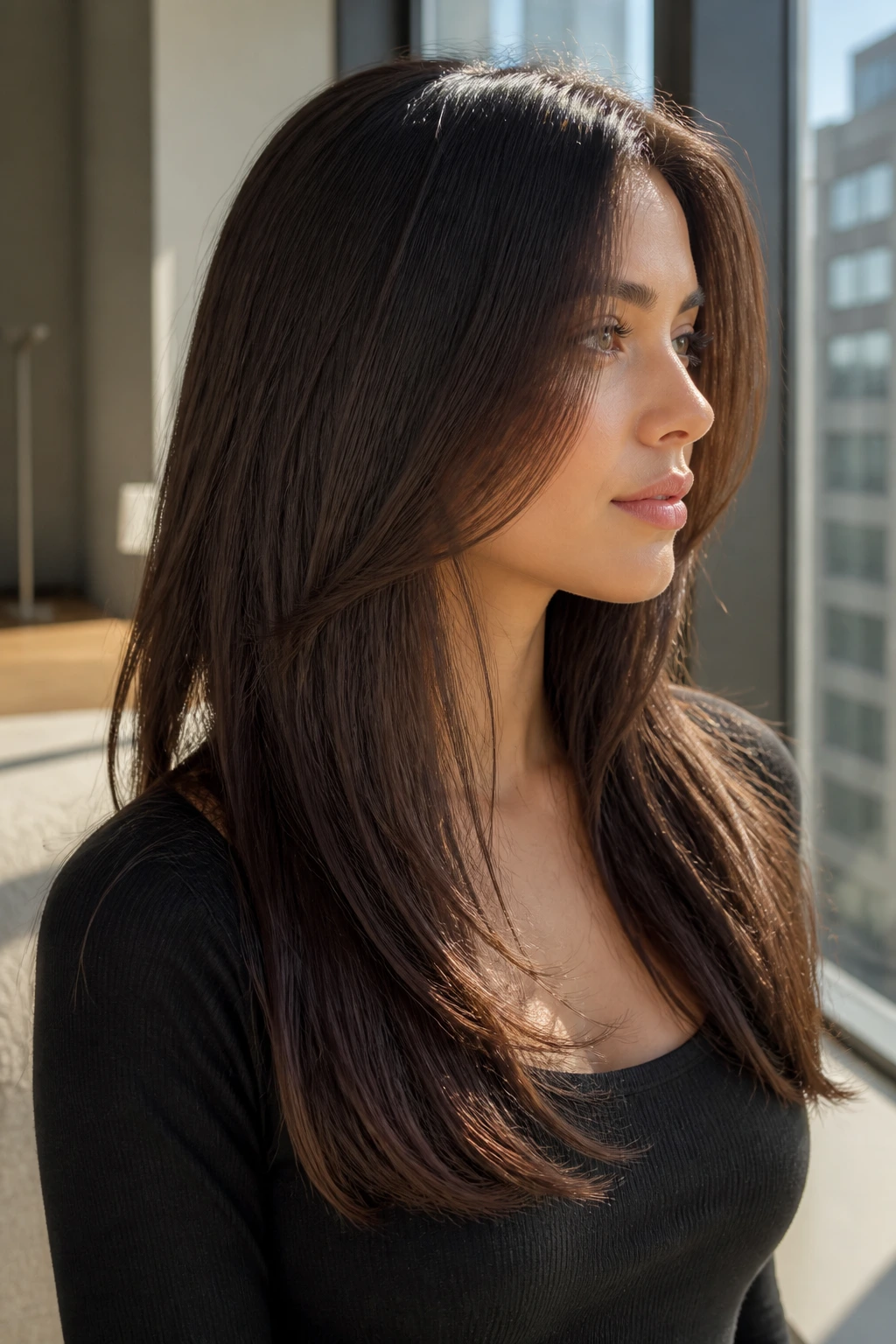 Portrait of a real woman with glossy minimal front layers and long hair.