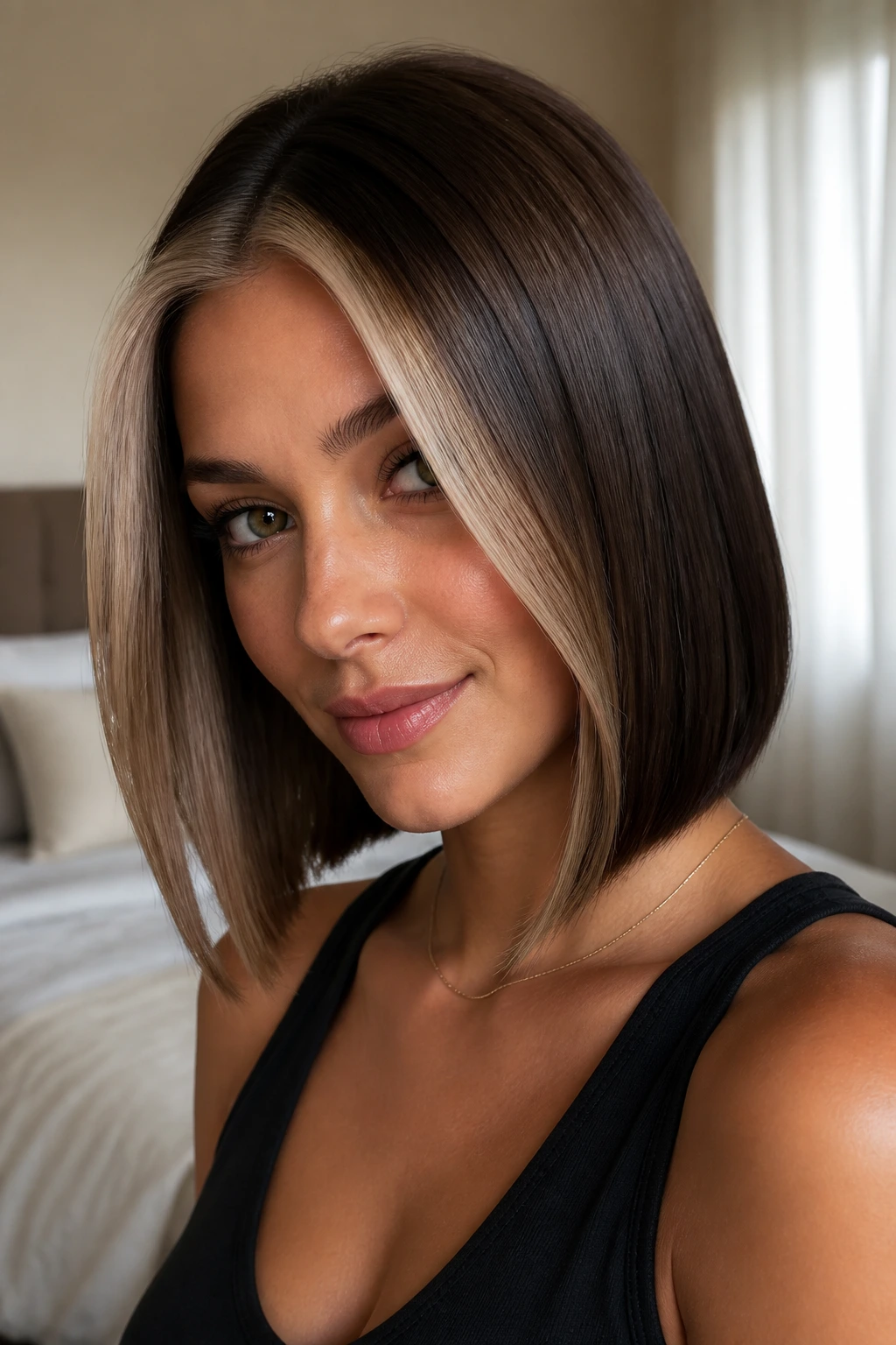 Woman with glossy money piece on straight bob
