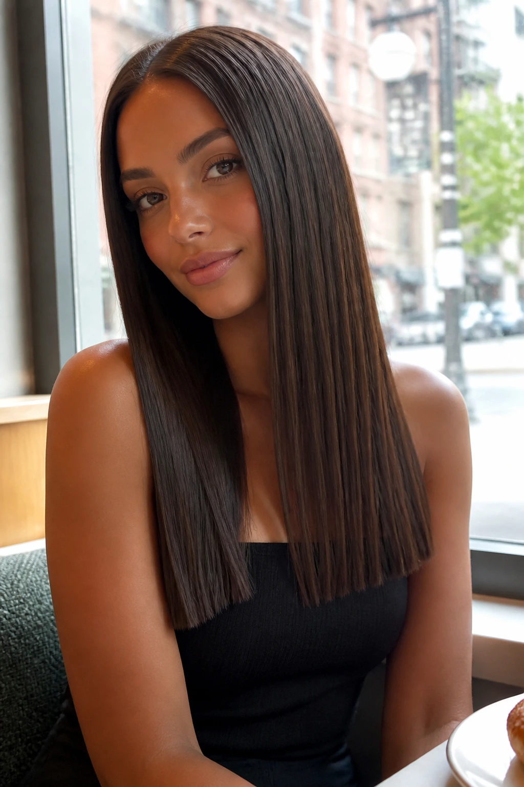 Close-up portrait of a real woman with a glossy one-length long cut on tan skin
