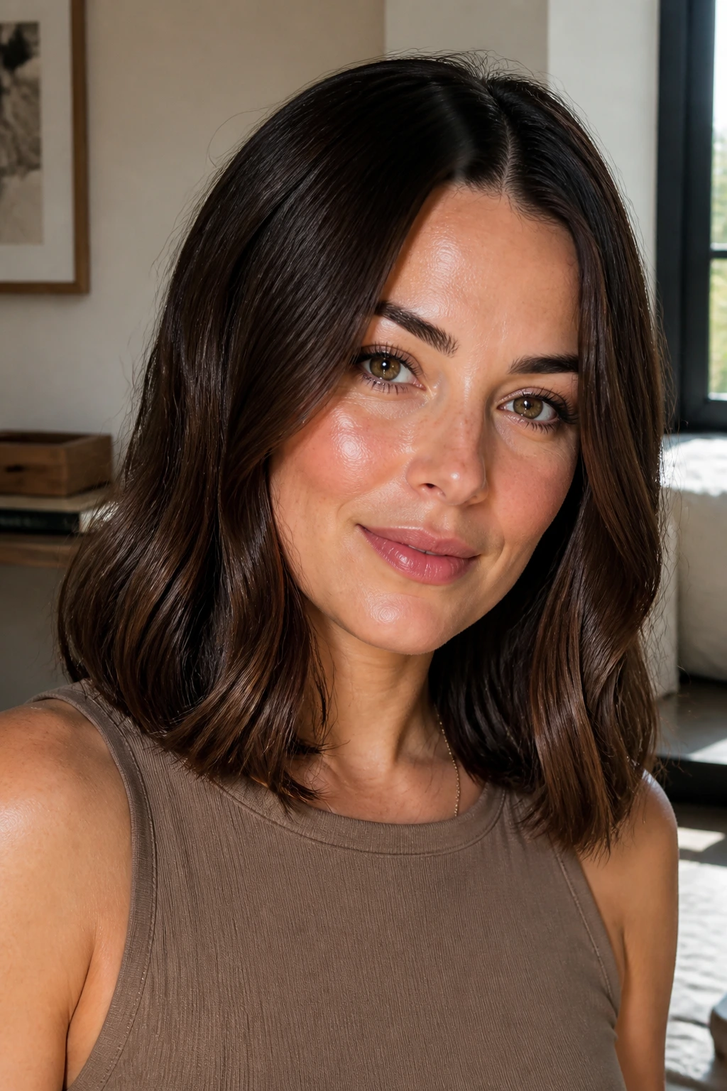 Close-up of a real woman with a glossy one-length lob