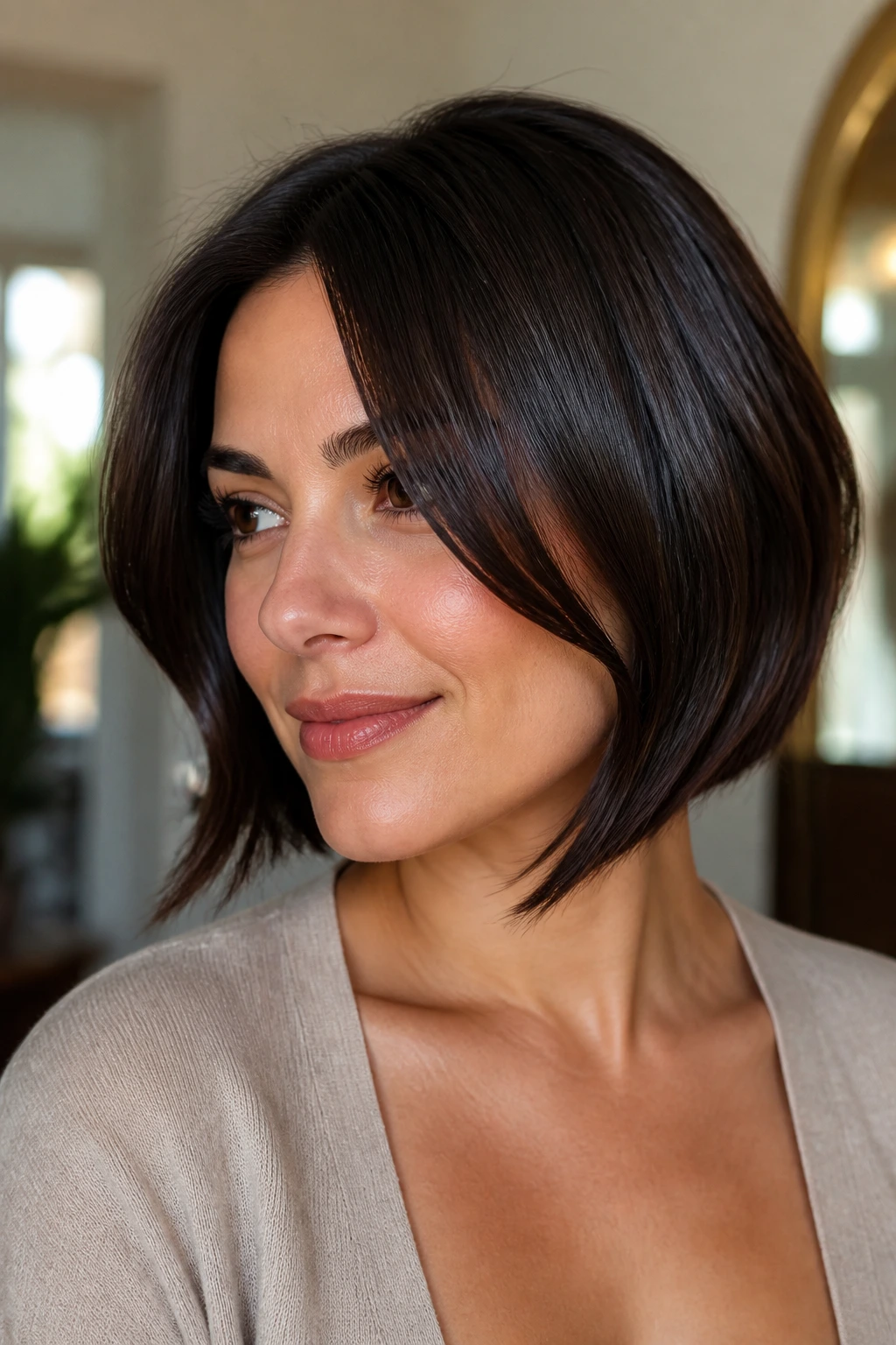 Close-up of a real woman with a glossy oval-frame bob and long side pieces