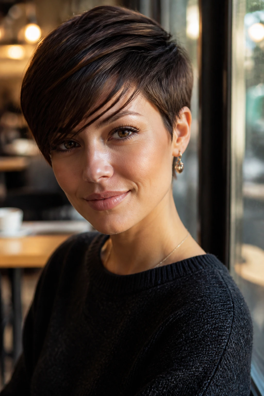 Close-up of a real woman with a glossy pixie and a side-swept fringe in cafe lighting