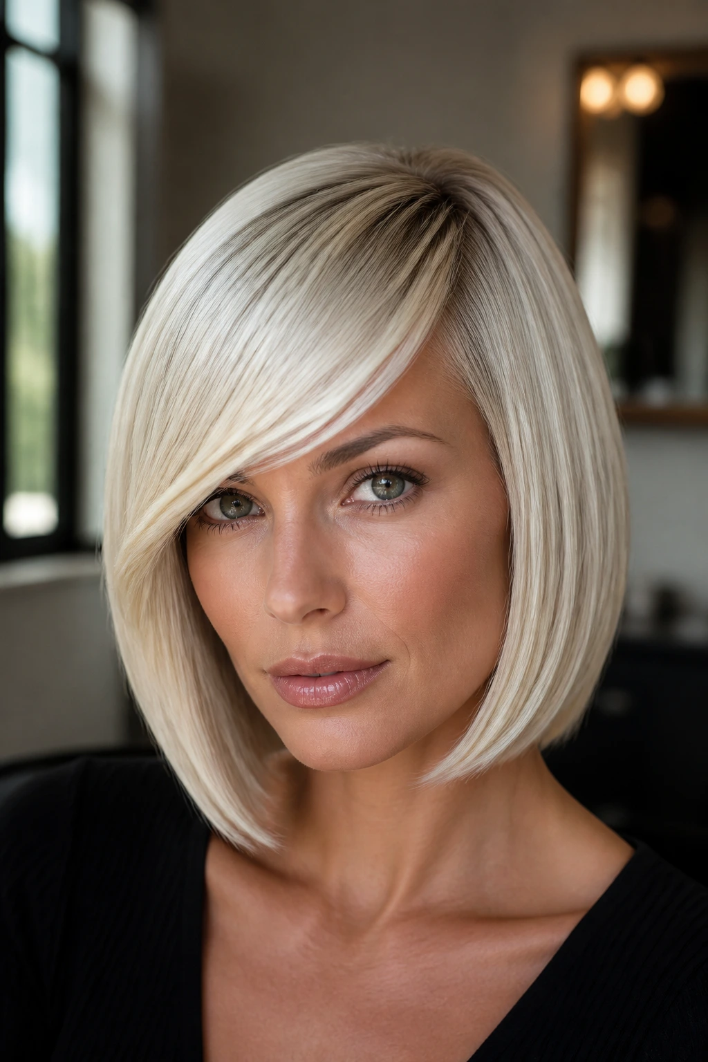 Close-up of a real woman with glossy platinum bob and side-swept bangs