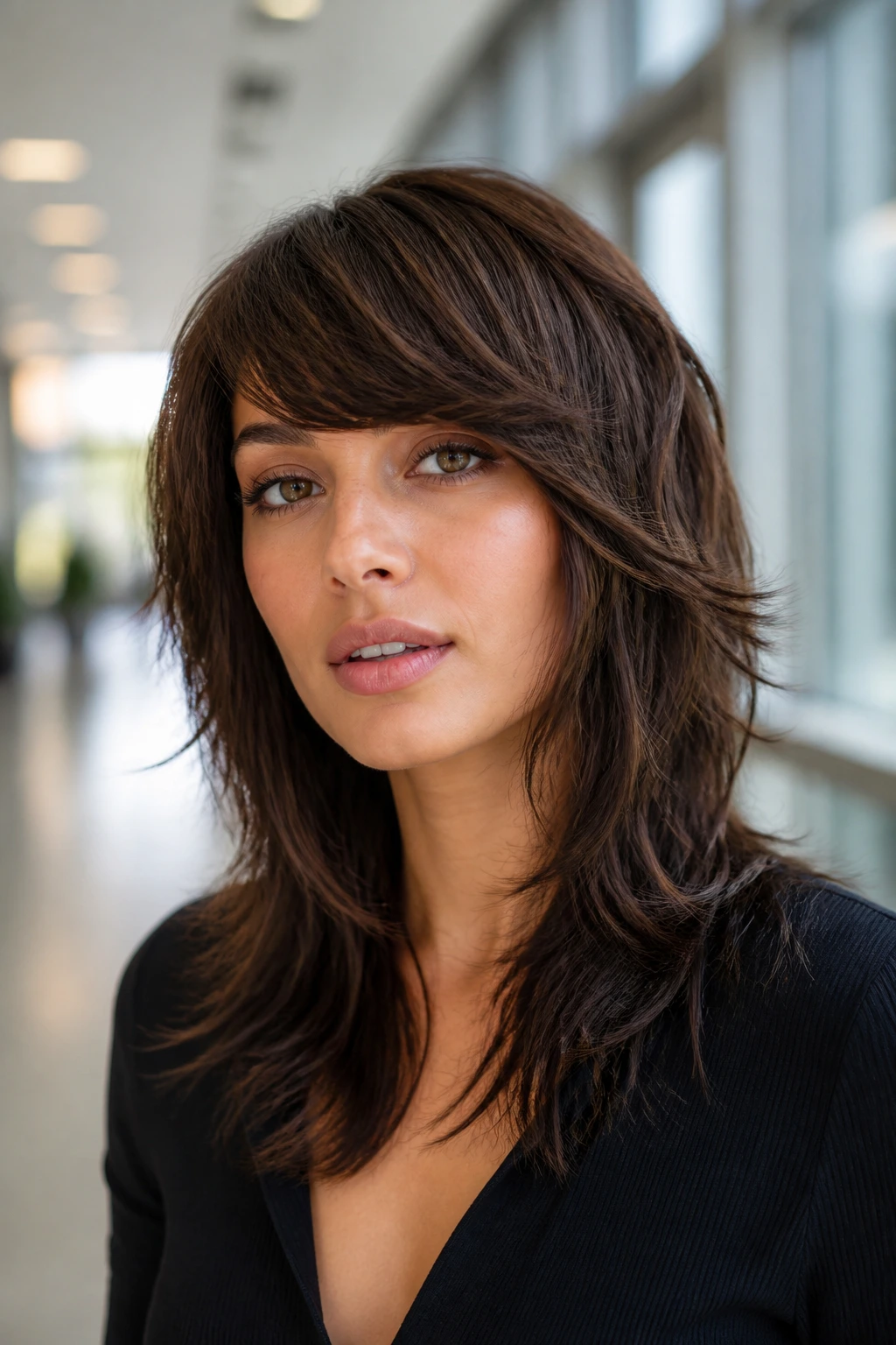 Close-up portrait of a real person with glossy polished shag and side swept bangs