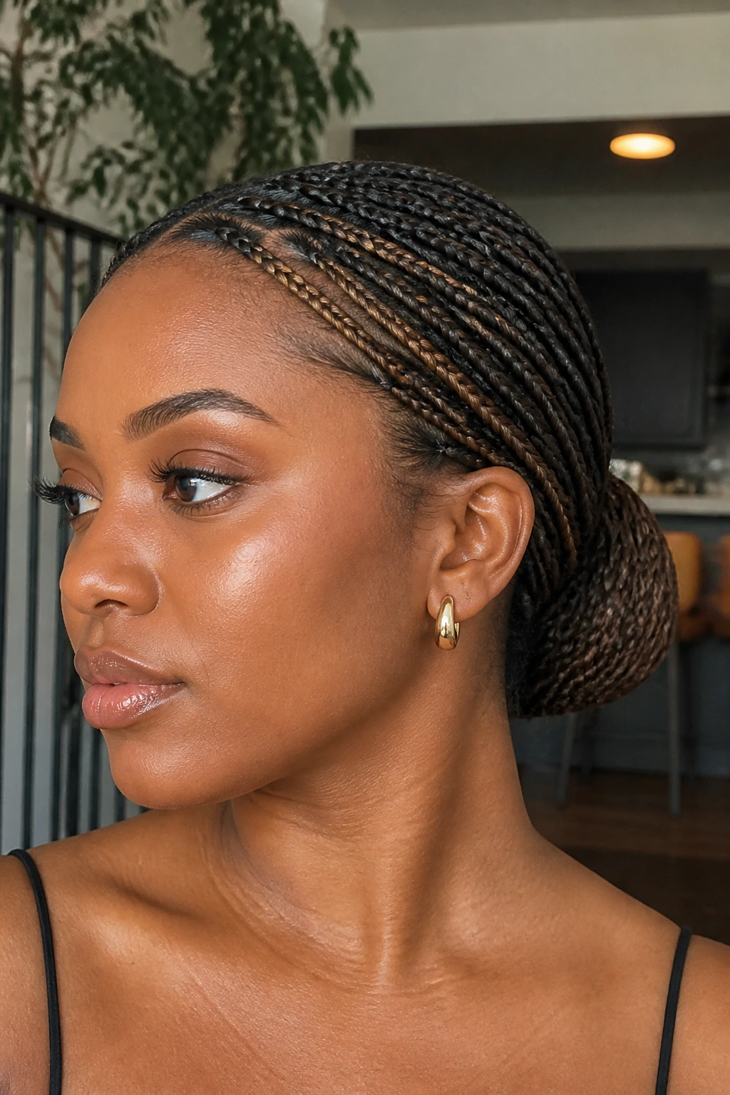 Close-up of glossy pressed-back bun with honey highlights on a real person