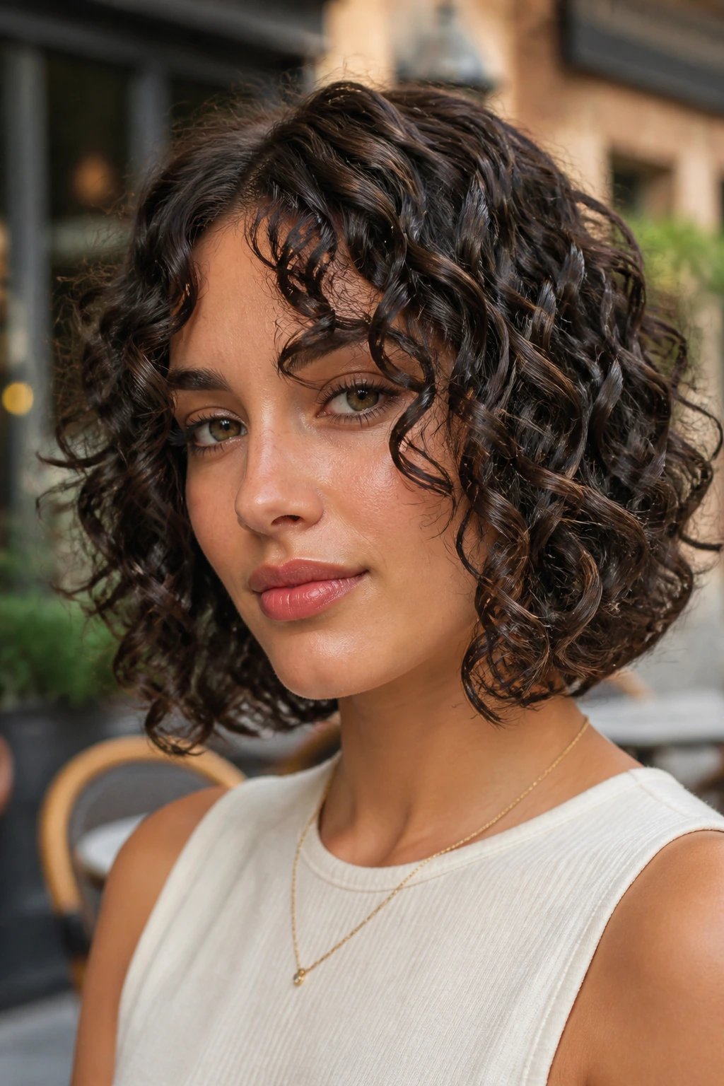 Real person with glossy ringlet lob and defined curl separation near jawline