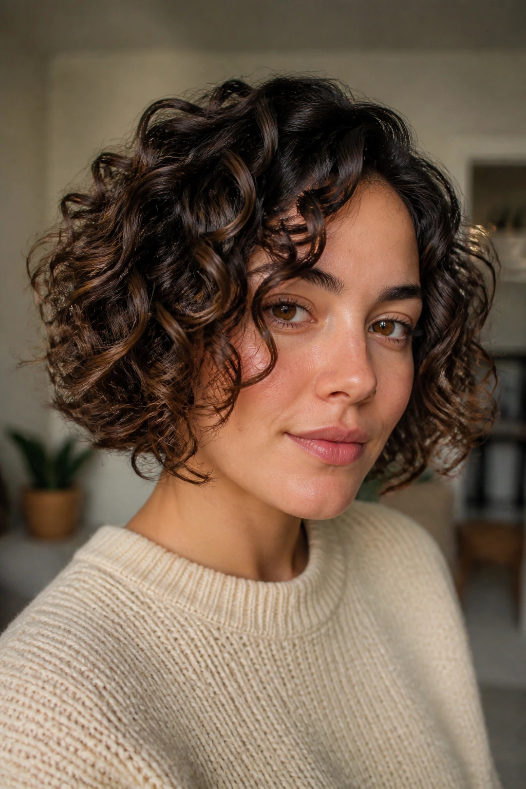 Portrait of a woman with glossy bob and defined ringlets