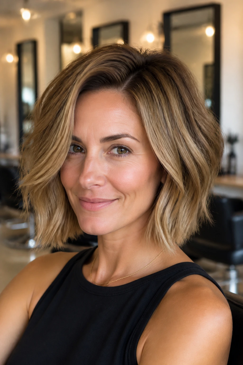 Close-up of glossy root-lift bob on a real woman with smooth crown