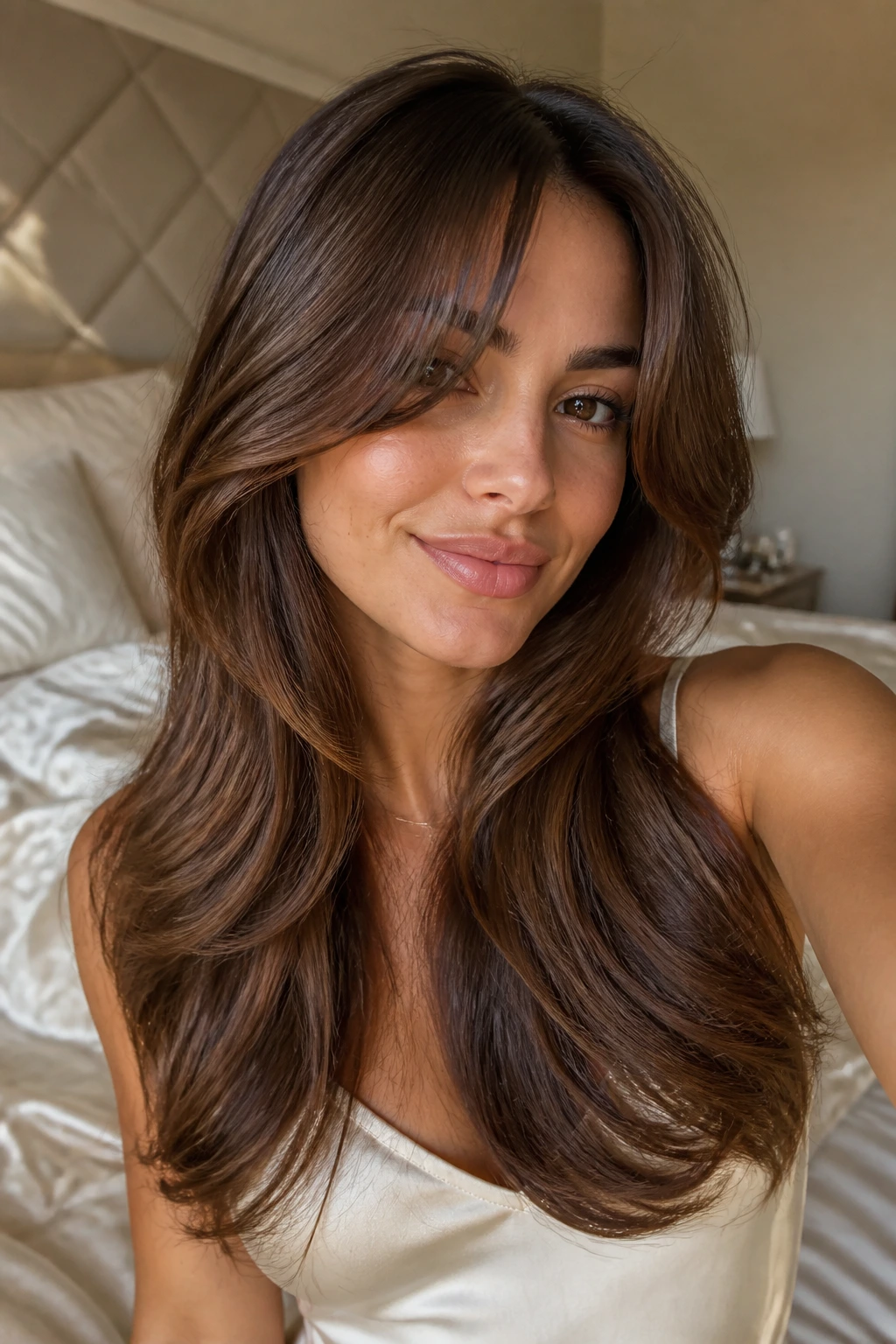 Close-up of a real person with glossy S-shaped layers and long fringe in satin-lit room