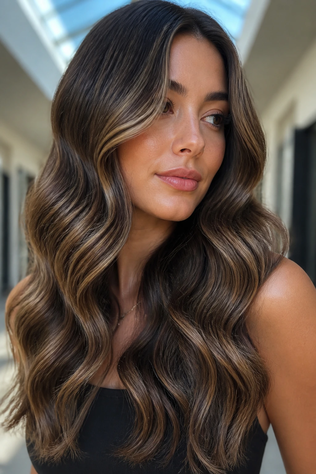 Close-up of a real woman with glossy S-waves hairstyle