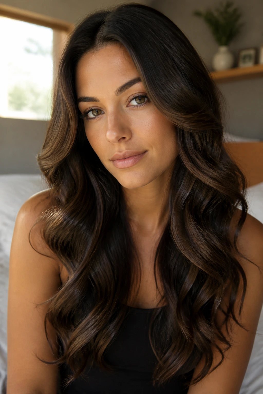 Close-up of a real woman with glossy S-Waves framing her face in window light