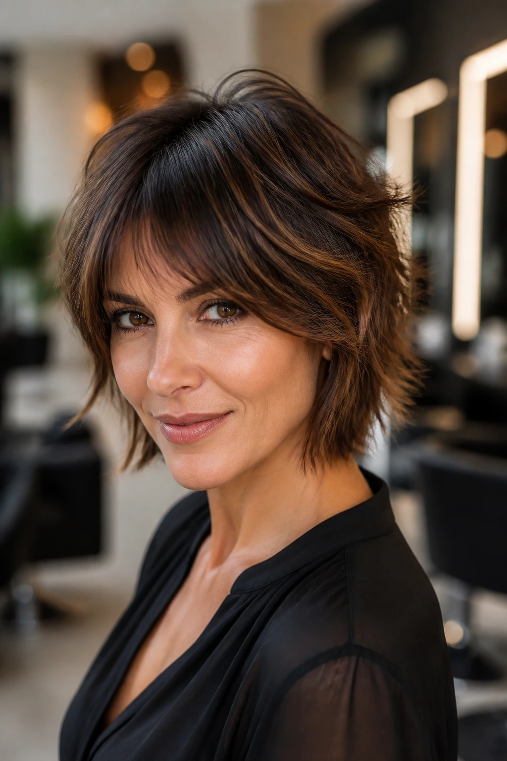 Portrait of a real woman with glossy mini shag and subtle lowlights for depth.
