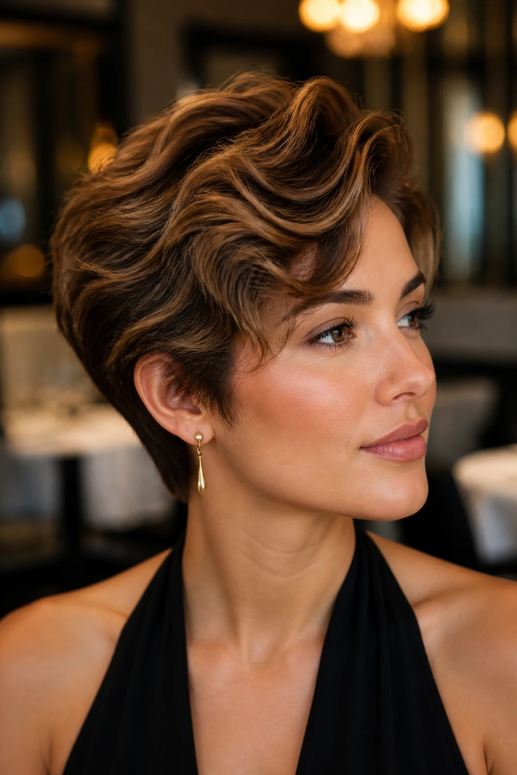 Portrait of a real person with a sleek, glossy short hairstyle in an indoor setting.
