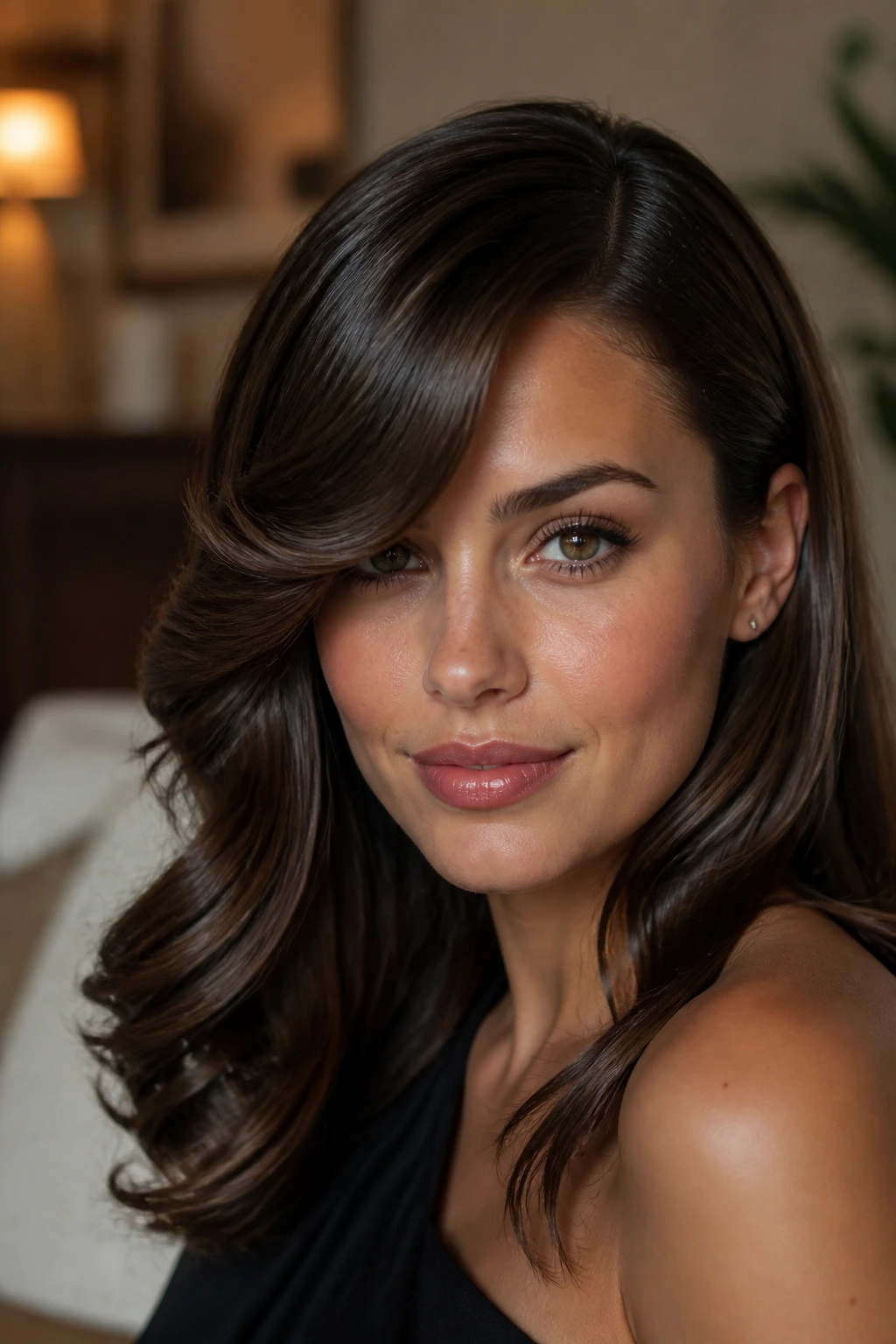 Portrait of a woman with glossy side bangs and a soft Old-Hollywood bend
