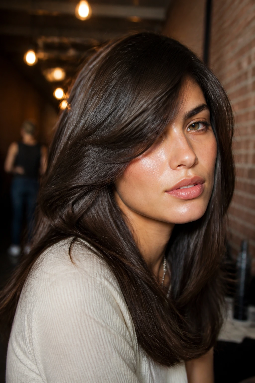 Close-up of a real woman with glossy sidefall fringe across the cheekbone in a backstage hallway.