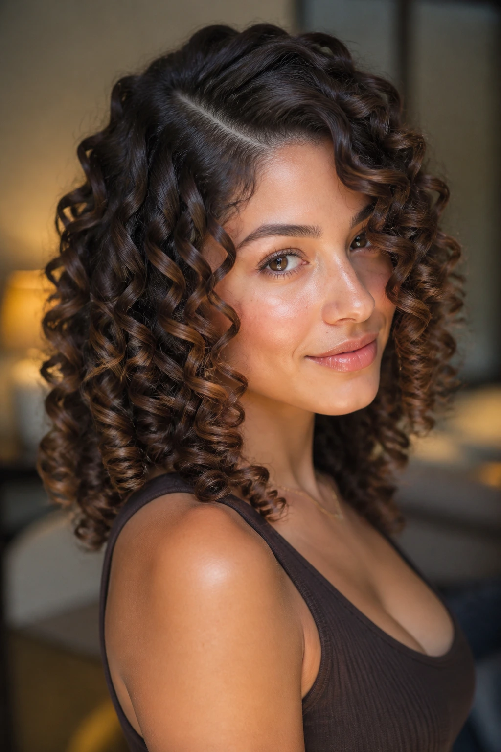Portrait of a real woman with glossy deep-part spiral curls