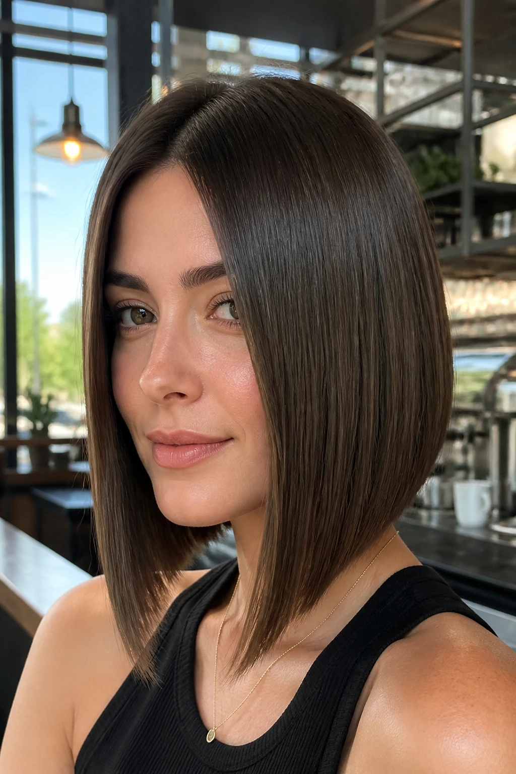 Real woman with glossy straight A-line bob, long front section, sleek and shiny.