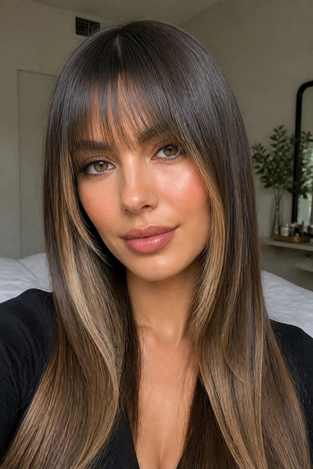 Close-up of a real woman with glossy straight bangs and beige front lights in soft daylight