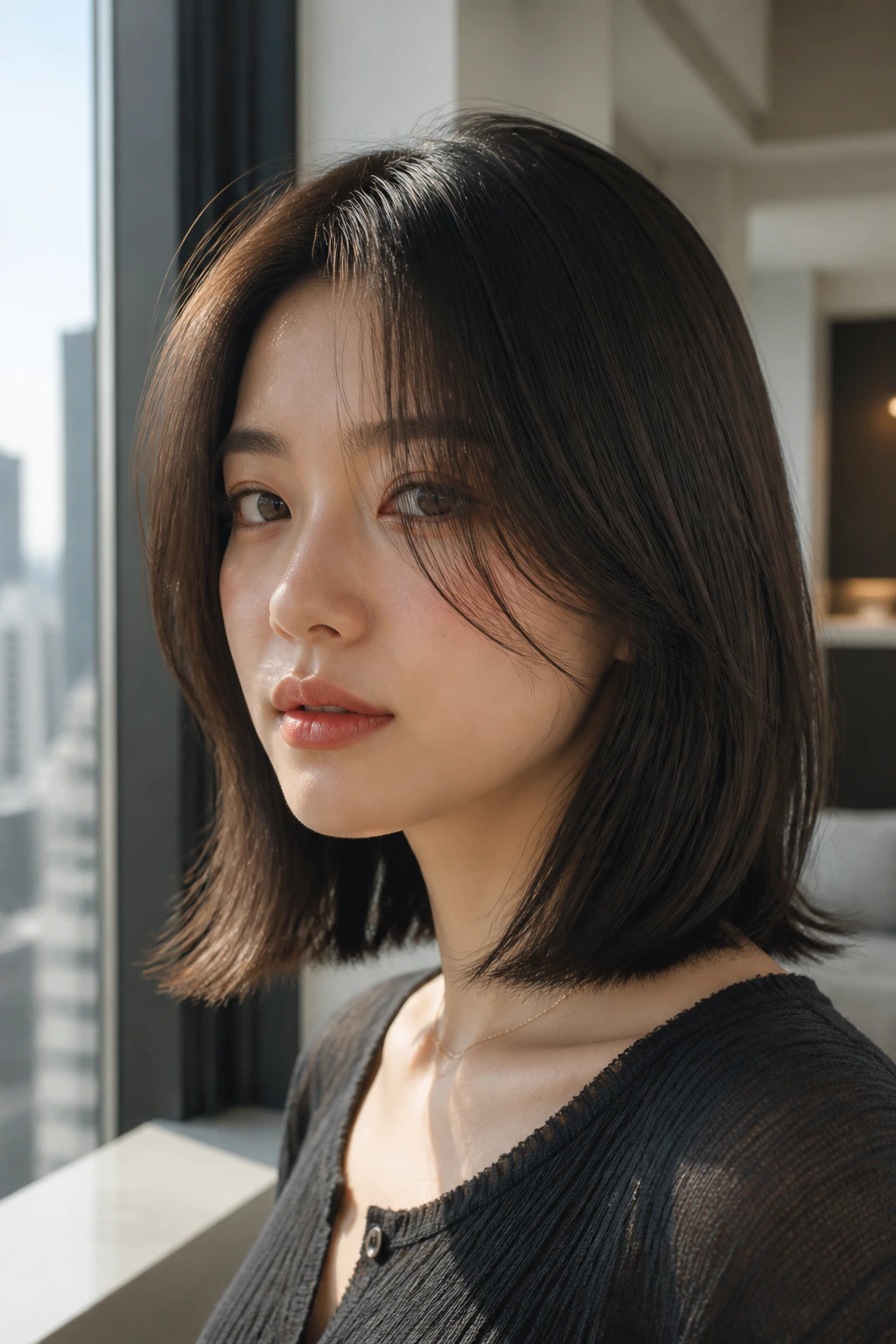 Close-up portrait of a real woman with a glossy straight bob and soft curtain bangs.