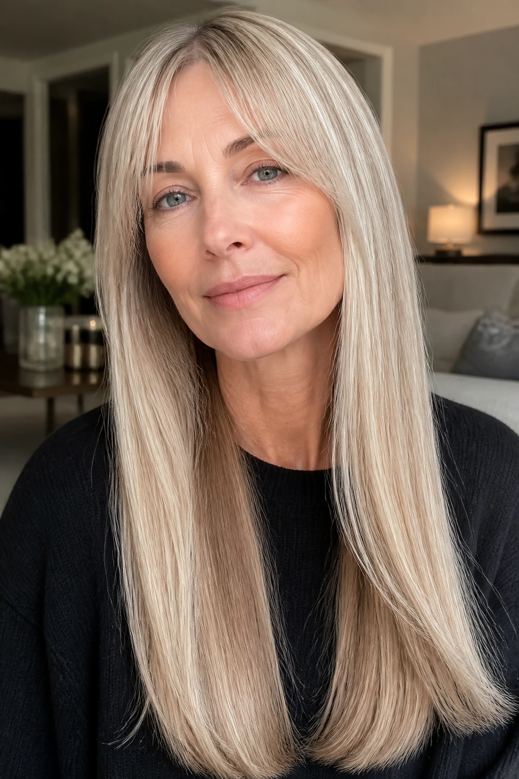 Close-up of a real woman with long glossy straight hair and a barely-there fringe