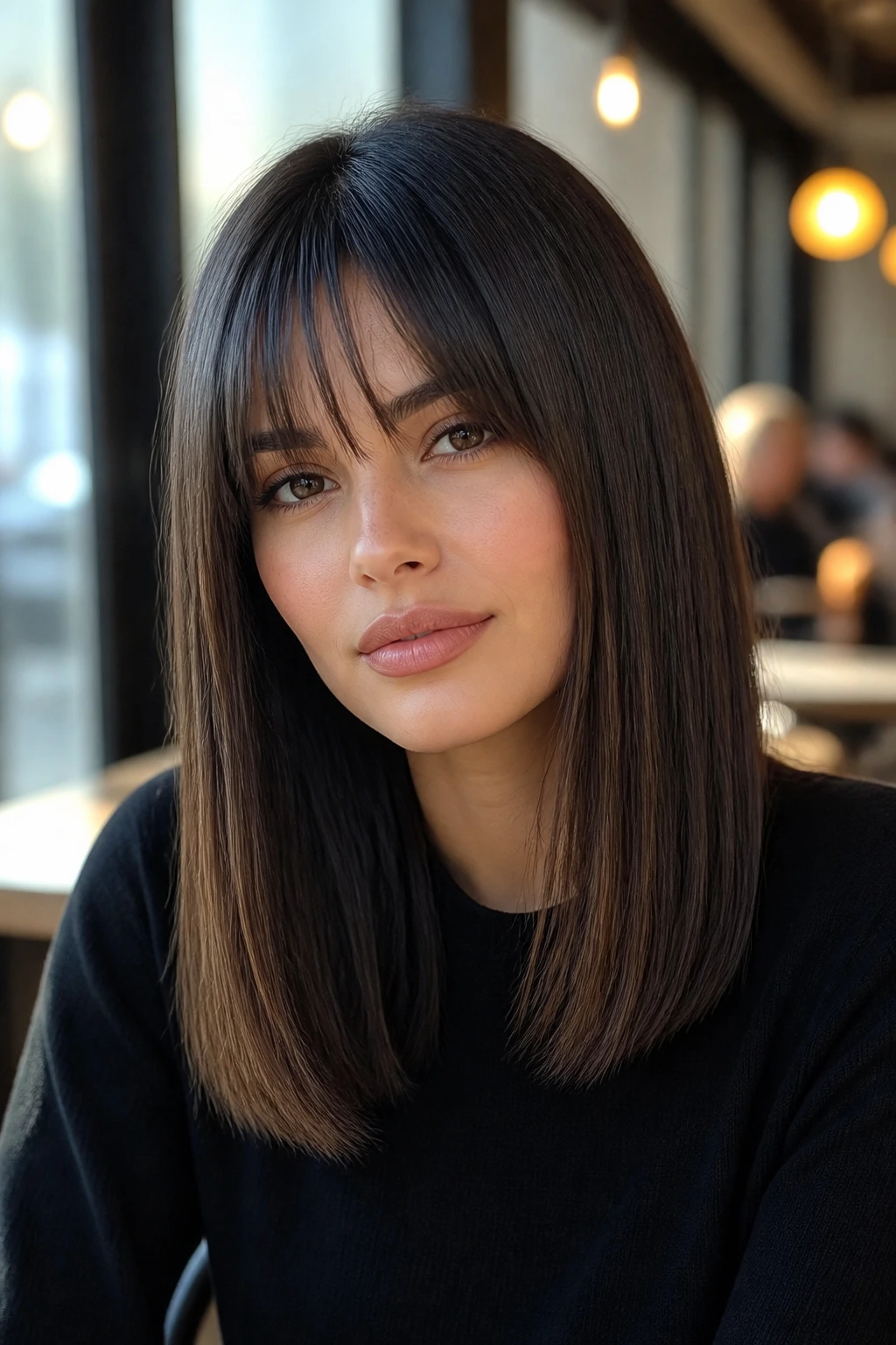 Portrait of a woman with glossy straight midi hair and long fringe.