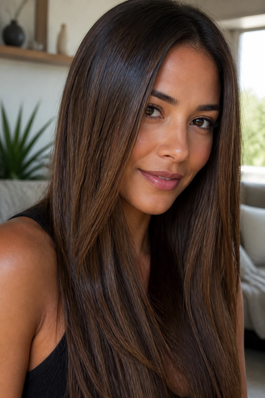 Real woman with glossy straight brunette hair and invisible layers.