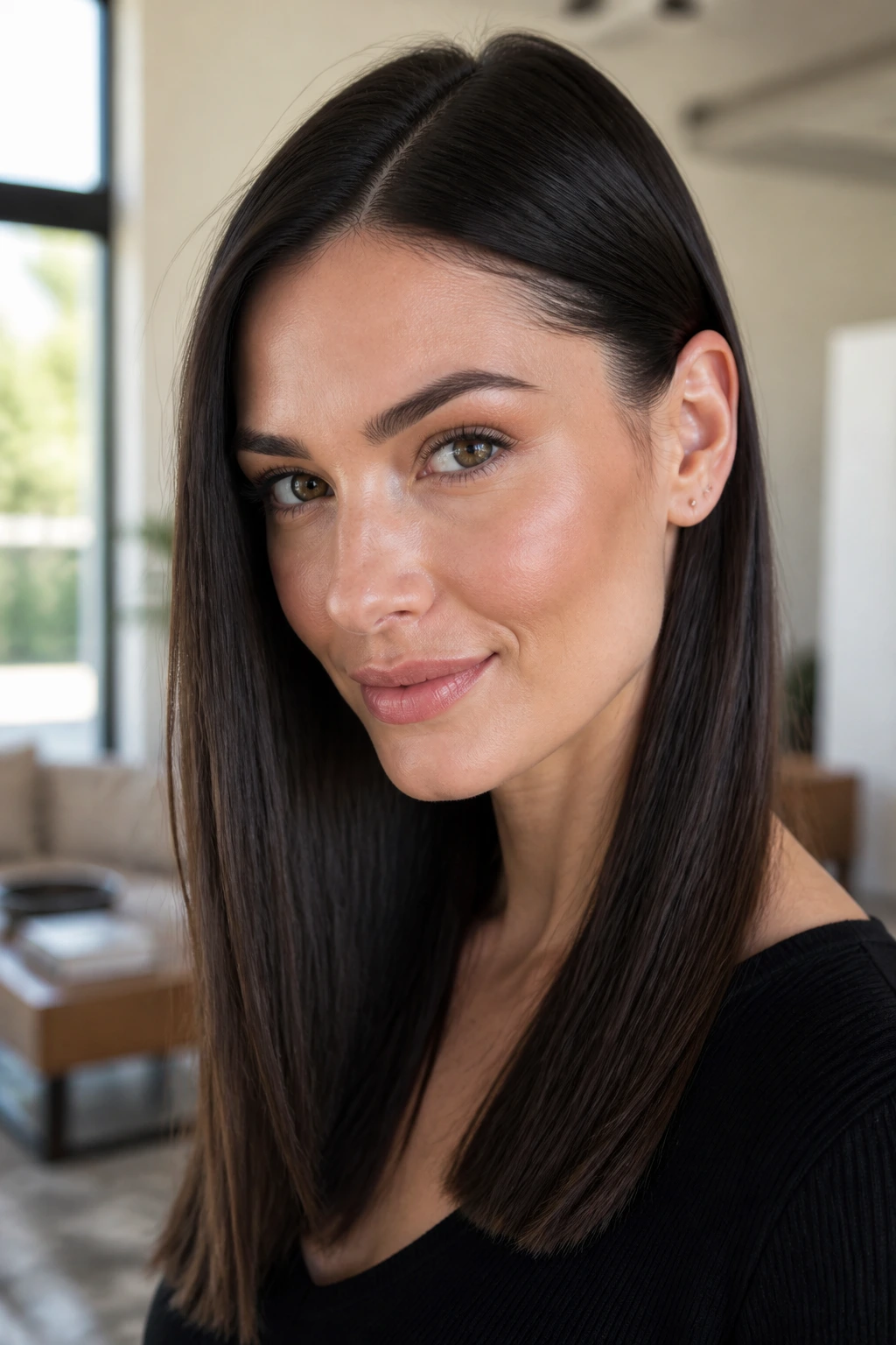 Real woman with glossy straight hair, one side tucked behind the ear, close-up portrait.