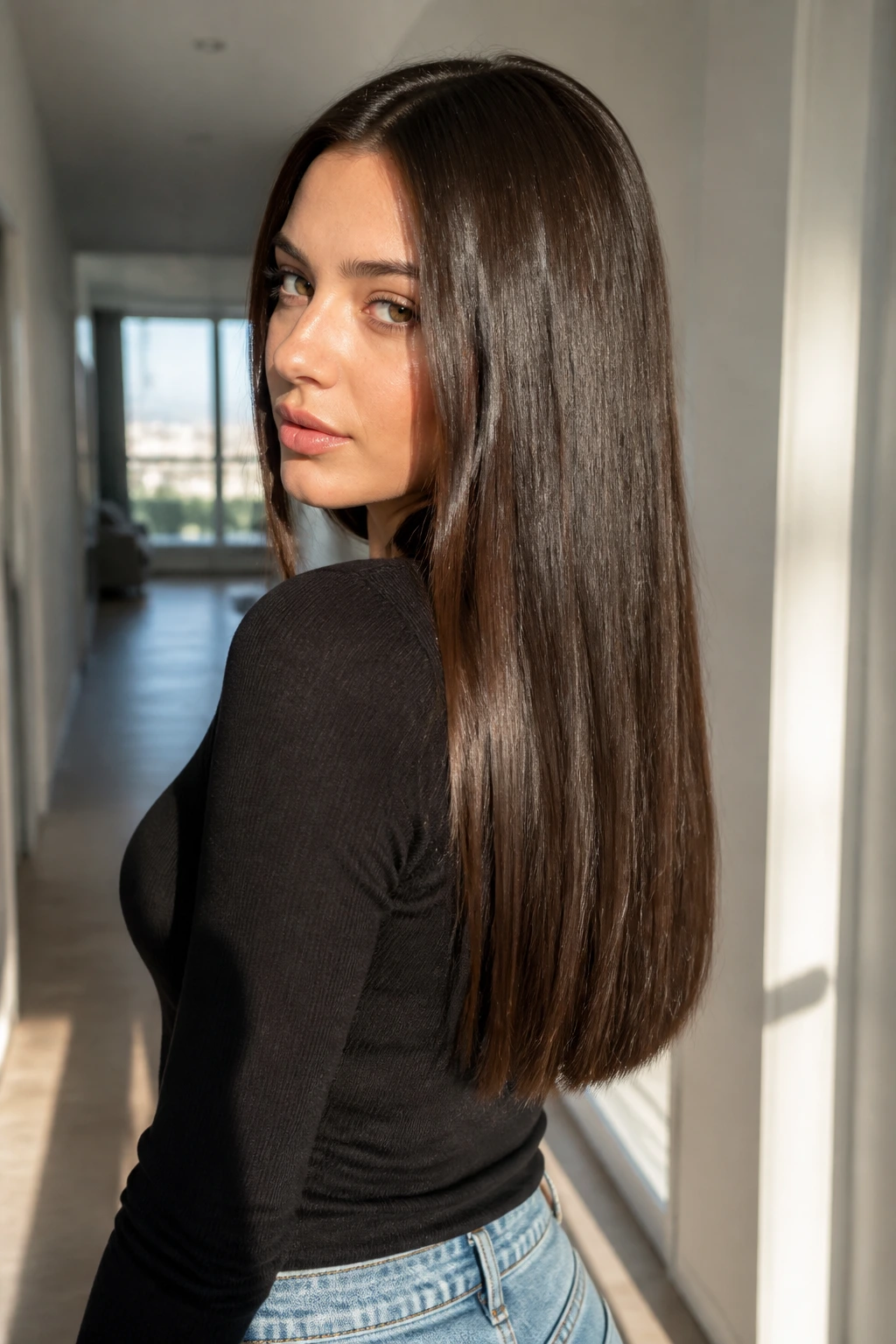 Close-up of a real person with glossy straight layers and clean ends