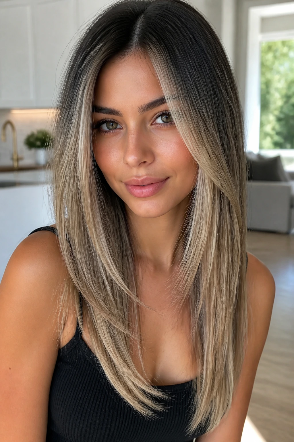 Real woman with glossy cool straight layered hair