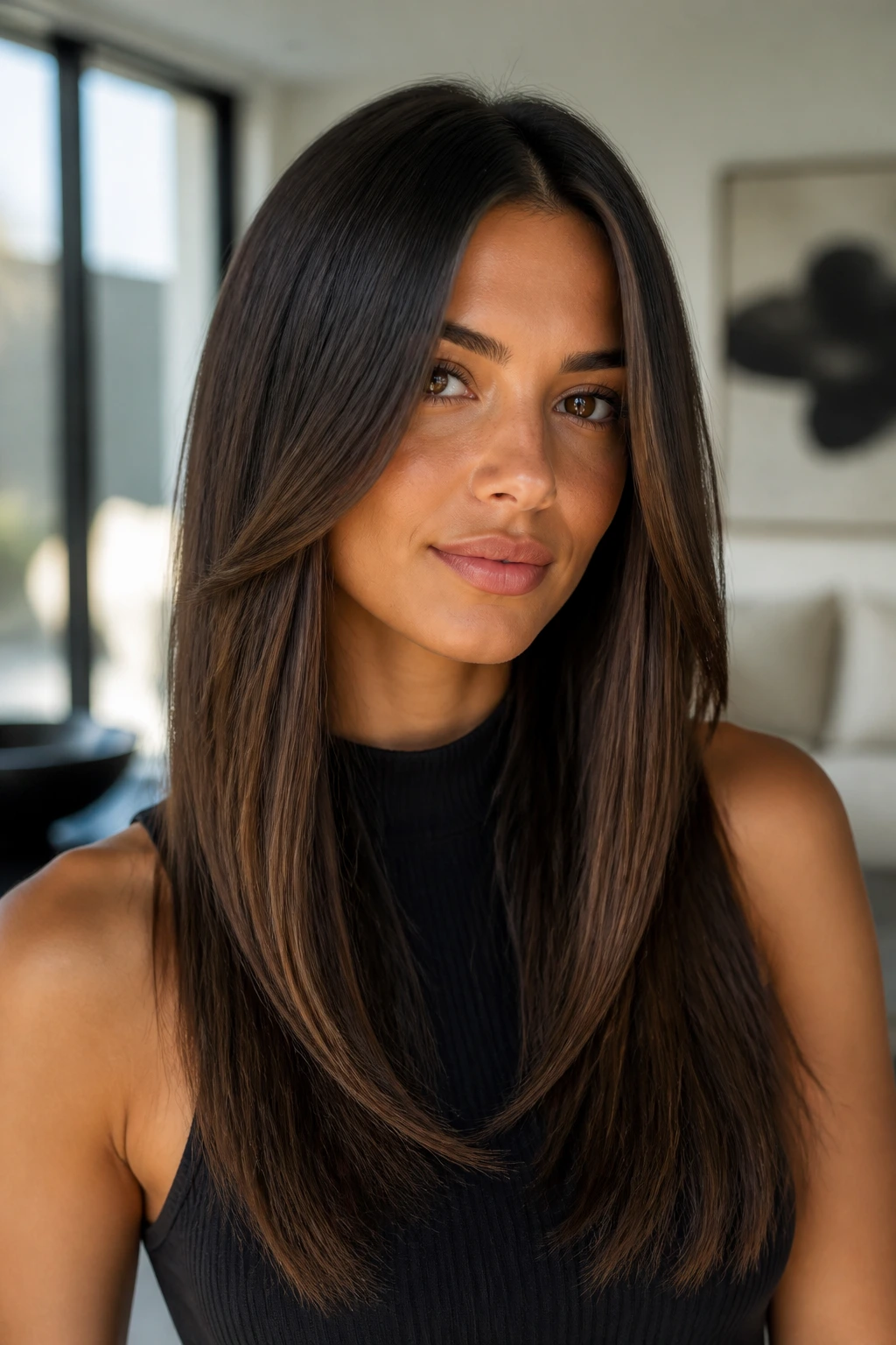 Close-up of a woman with glossy straight hair and tapered front layers
