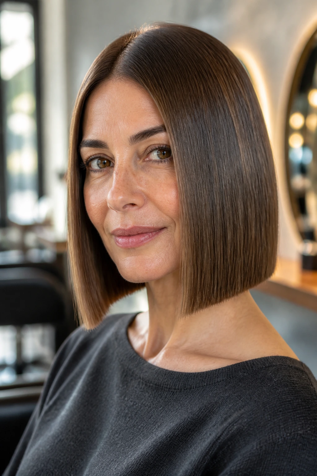 Close-up of a real woman with a glossy straight lob and blunt perimeter in warm salon light