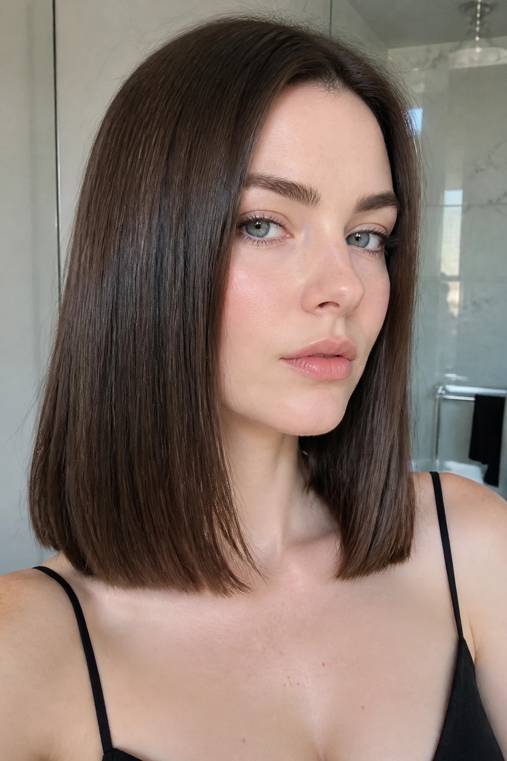 Close-up of a real woman with glossy straight mid-length hair