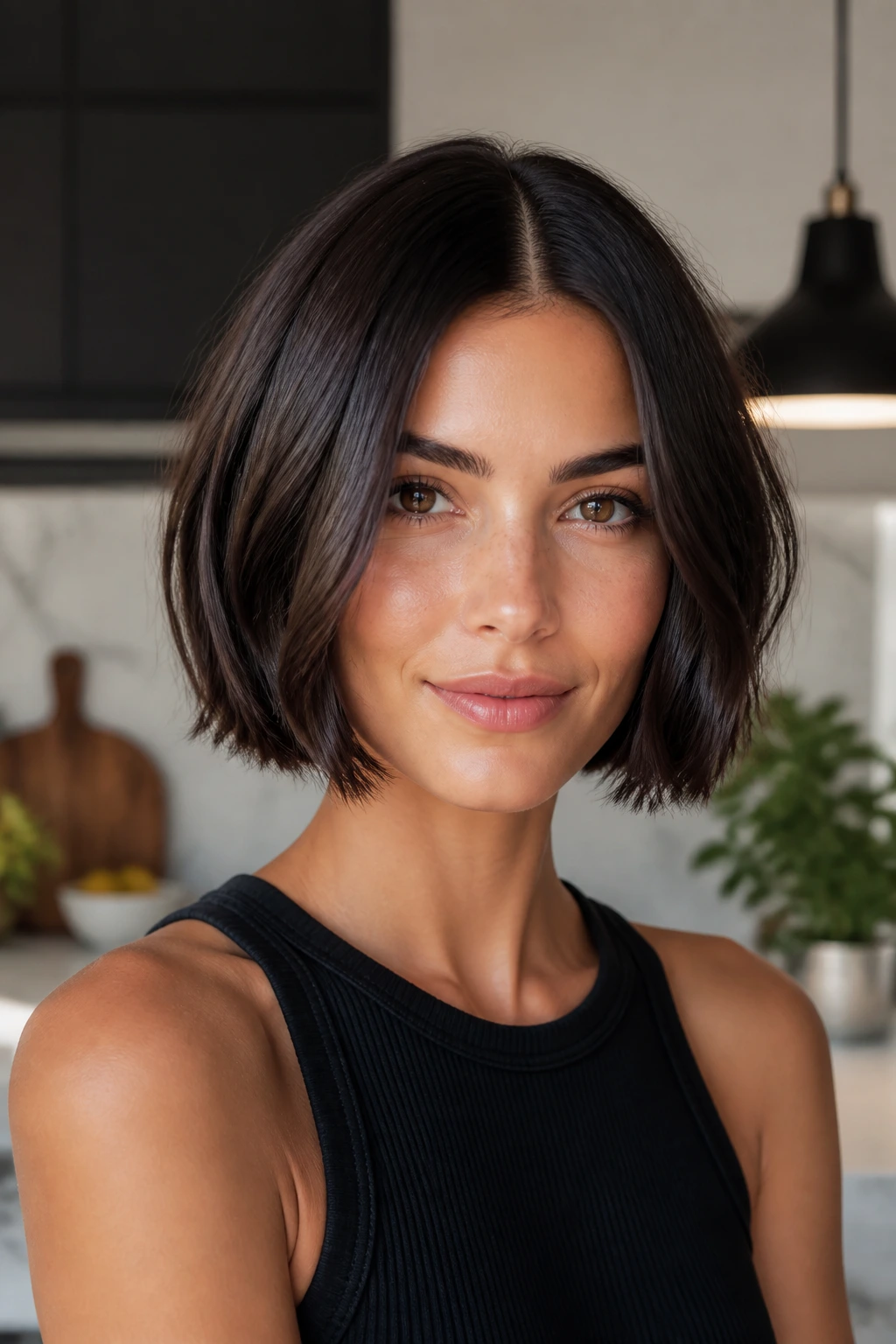 Real woman with glossy textured bob and a crisp center part in bright kitchen light