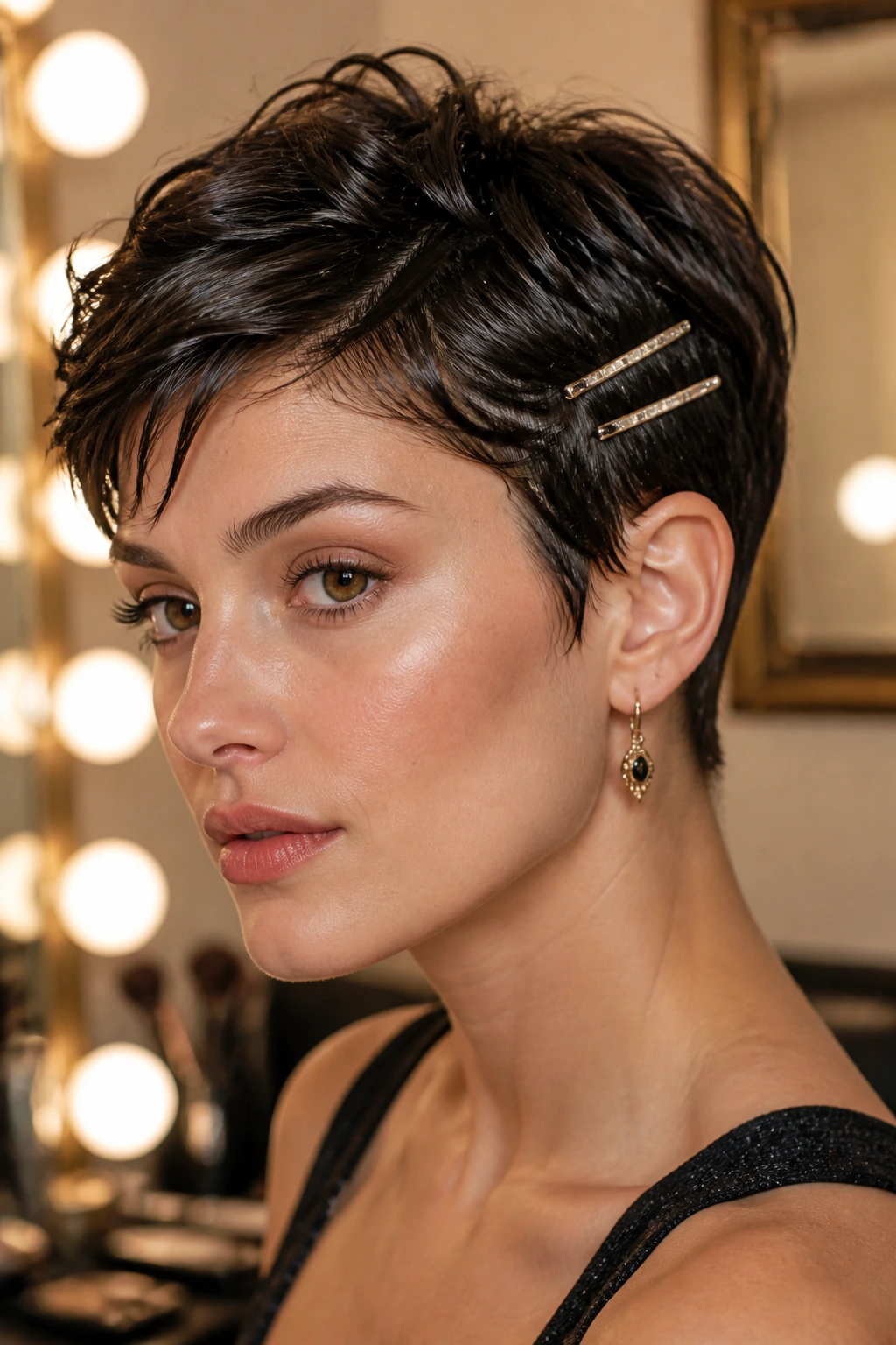 Close-up of a person with glossy textured crop and barrette stack on short hair