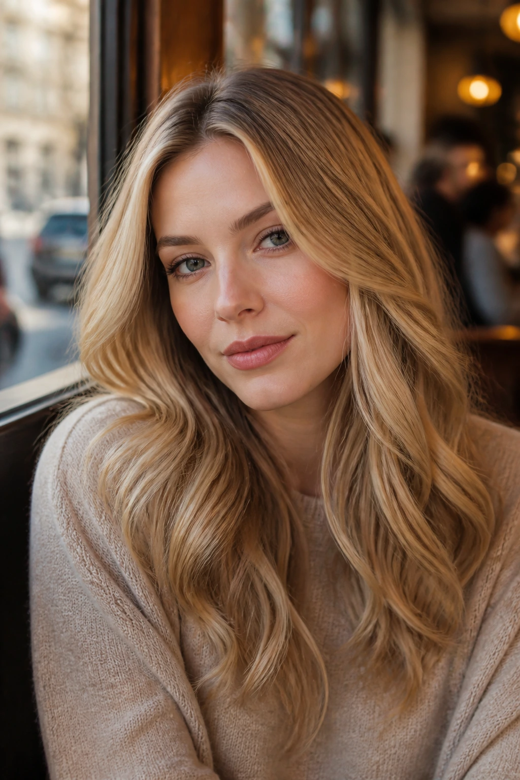 Close-up of a woman with glossy warm blonde hair and subtle highlights
