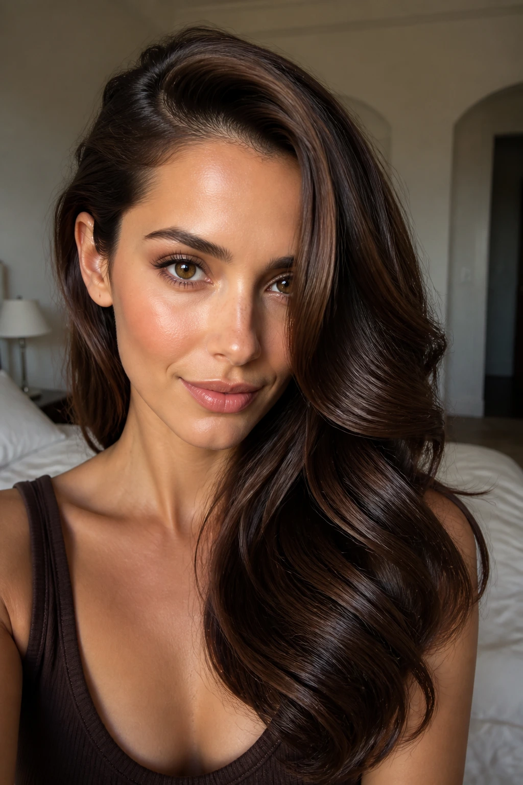 Close-up of brunette with deep side part and glossy waves by window light