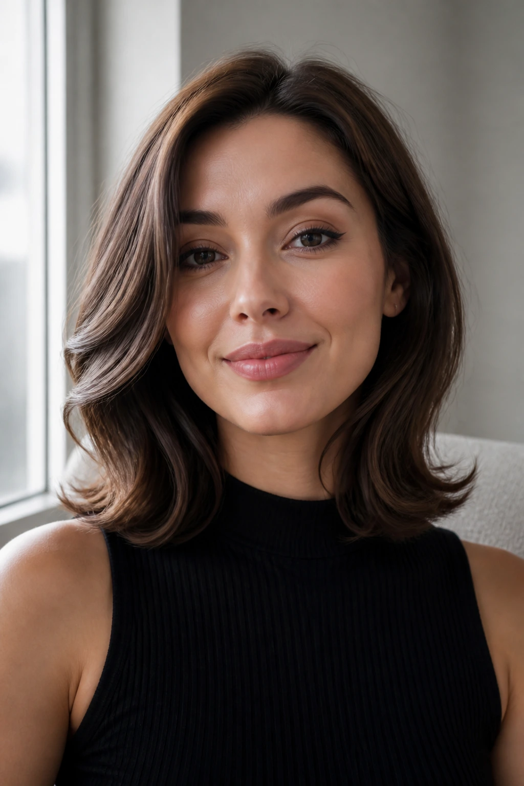 Close-up of a real woman with glossy waves and a slight flip-out at the ends