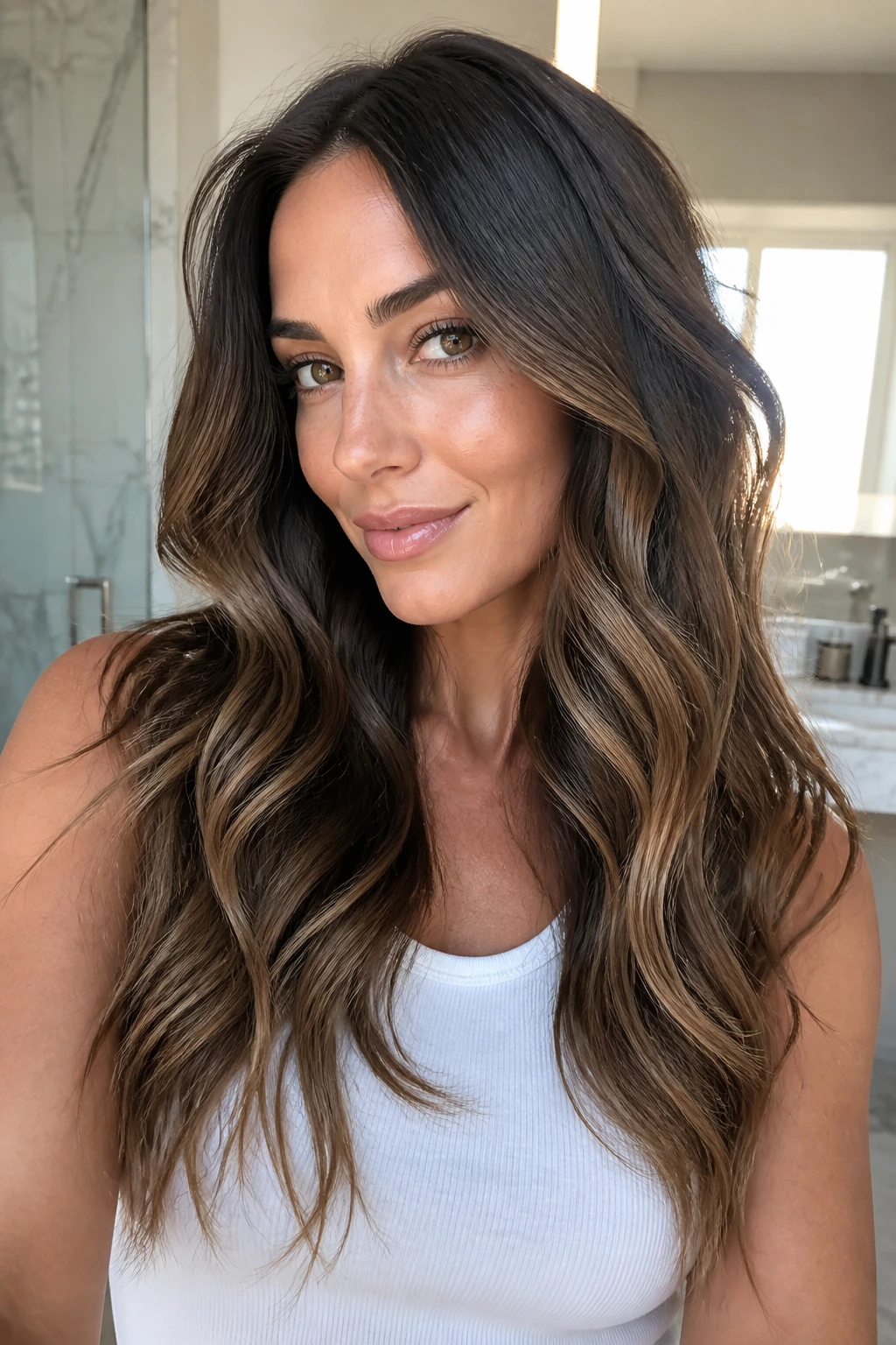 Real woman with glossy seamless beach waves and long end extensions