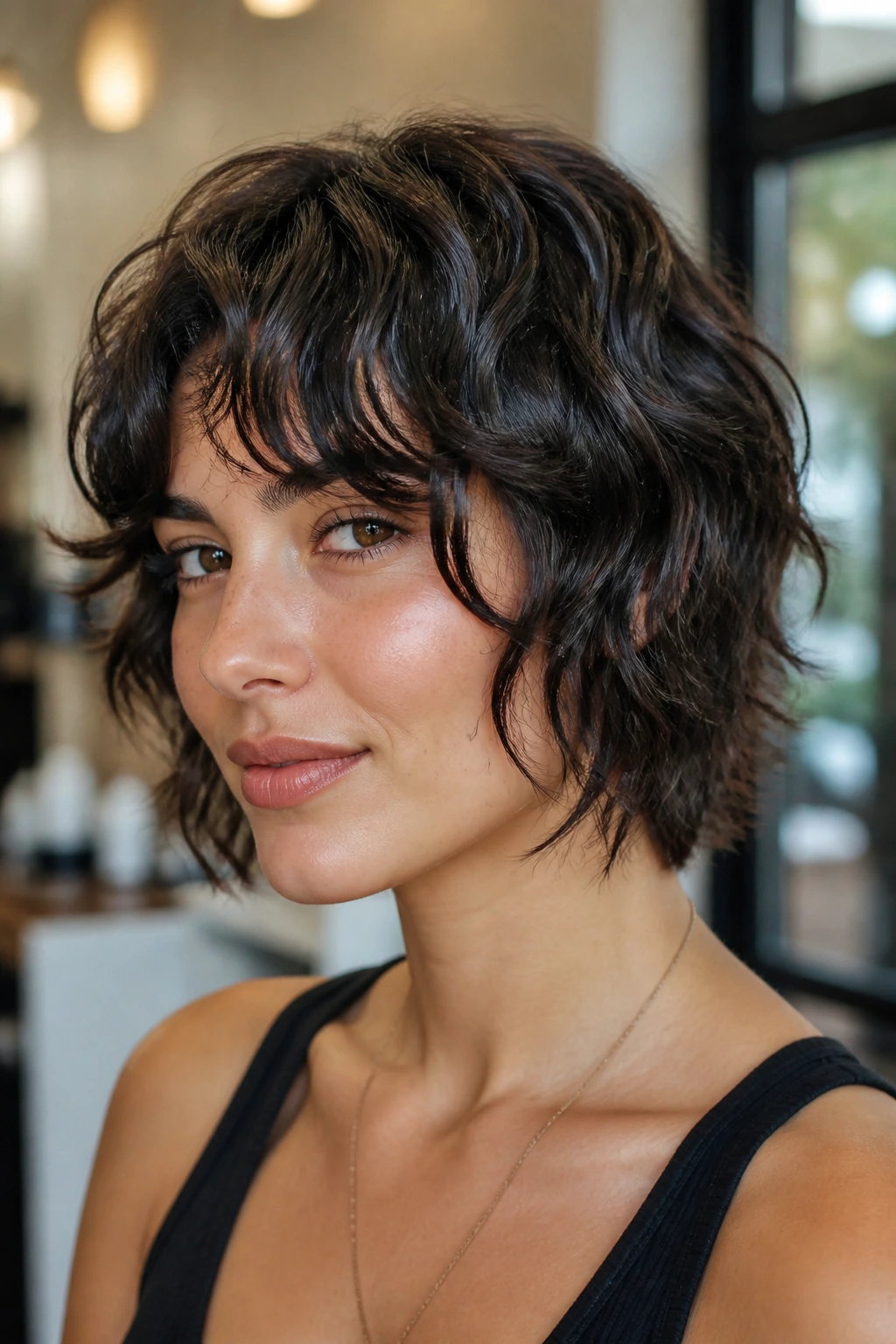 Close-up portrait of a real woman with glossy defined waves wolfcut